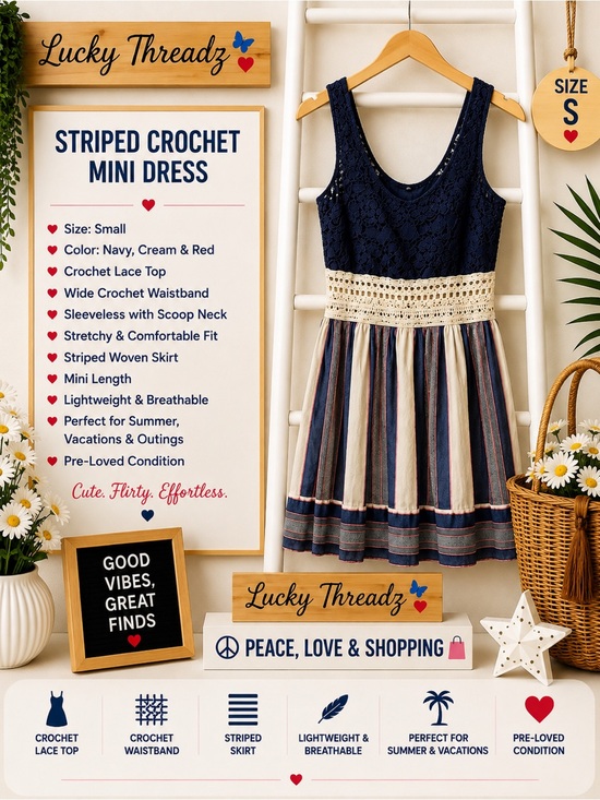 Dresses & Skirts - Navy, Cream & Red Striped Crochet Kids Dress - Size S